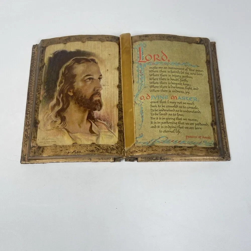 Vintage Florentine Jesus St. Francis of Assisi Quote Faux Book Gilt Gold Decor
